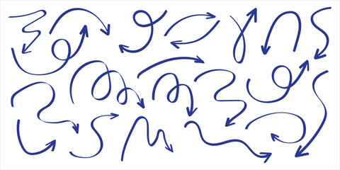 Red pencil arrow doodles set - hand drawn swirls, curved lines, chaotic pointers. Chalk sketches, artistic design elements pack. Grunge style marker scribbles, crayon strokes outline drawings.