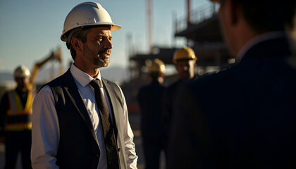 Men in hard hats and suits converse on a construction site near equipment.