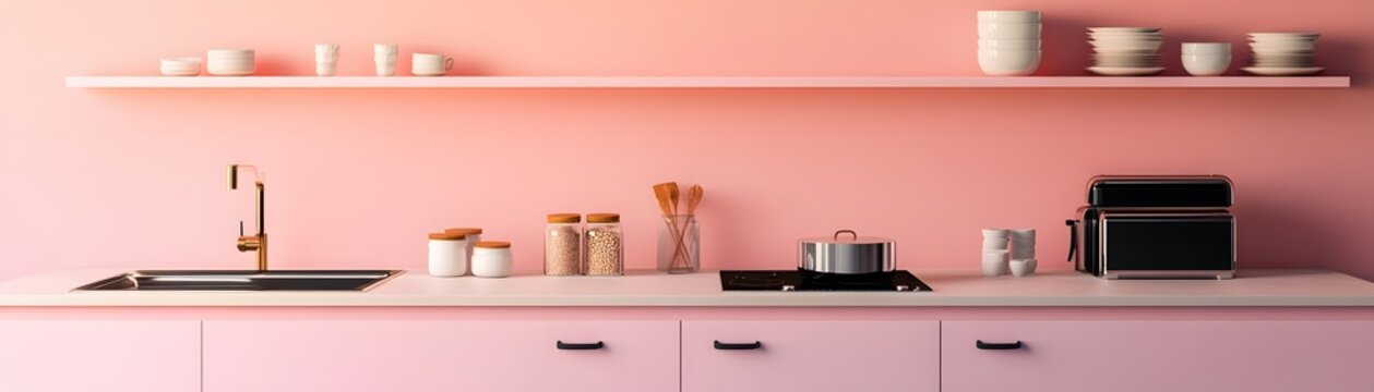 Modern pink kitchen with sleek appliances and simple decor.