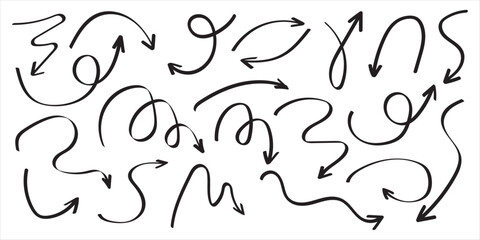 Red pencil arrow doodles set - hand drawn swirls, curved lines, chaotic pointers. Chalk sketches, artistic design elements pack. Grunge style marker scribbles, crayon strokes outline drawings.