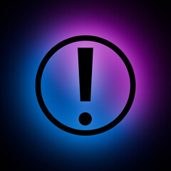 Exclamation Mark Circle icon with Blue and Purple Neon Light on Dark Background.