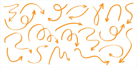 Red pencil arrow doodles set - hand drawn swirls, curved lines, chaotic pointers. Chalk sketches, artistic design elements pack. Grunge style marker scribbles, crayon strokes outline drawings.