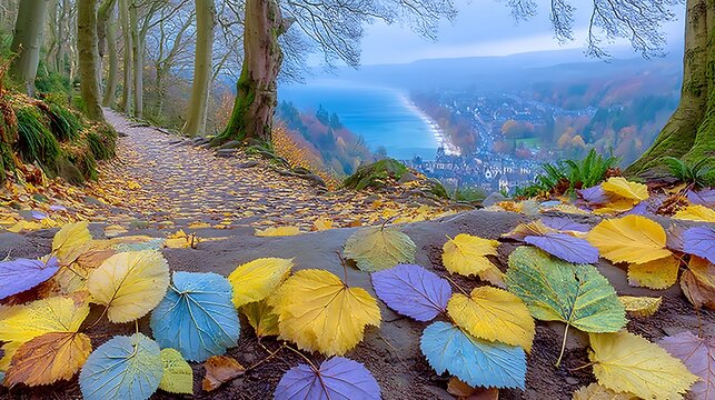 Autumn Path to Coastal Village Panoramic View.
