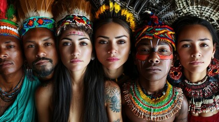 Obraz premium A group of five indigenous individuals wearing traditional clothing and accessories, standing in a row with a colorful and vibrant setting.