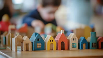 A set of small toy houses made of different materials (wood, plastic, fabric), arranged in a row on a play table, with a blurred background of a child engaged in play.