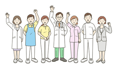 地域の社会福祉を支える医師と看護師と介護士とケアマネージャーと栄養士が集合した全身イラスト