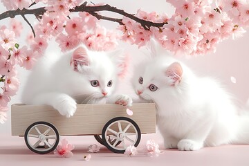 Playful white kittens amidst cherry blossoms indoor setting photography soft pastel background
