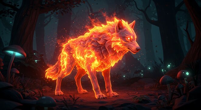 Fiery Wolf: Enchanting 3D Render - Powered by Adobe