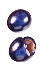 Close-up of glossy dark blue and black artificial or decorative gemstone with reflective surface and one cracked half revealing interior material, isolated on white background