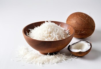 Coconut and shredded coconut in a wooden bowl with a white surface