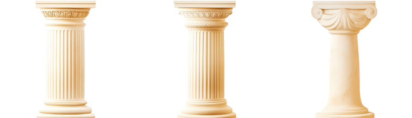 Classical Greek Ionic columns with ornate capitals and fluted shafts standing in a row illustrating ancient architecture and historical design elements