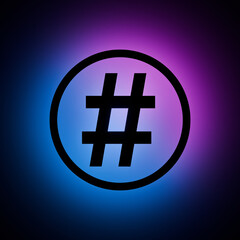 Hashtag Circle icon with Blue and Purple Neon Light on Dark Background.