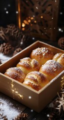 Warm, golden-brown yeast rolls, dusted with powdered sugar, nestled in a light wood box, surrounded by pine cones, snowflakes, and soft, warm lighting, creating a cozy winter scene
