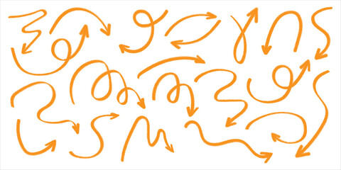 Red pencil arrow doodles set - hand drawn swirls, curved lines, chaotic pointers. Chalk sketches, artistic design elements pack. Grunge style marker scribbles, crayon strokes outline drawings.