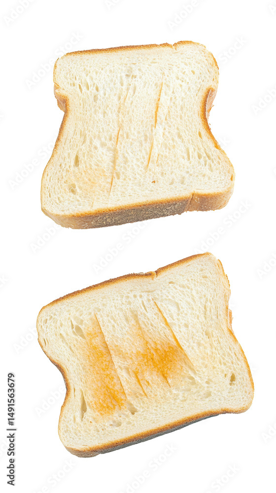 Poster close-up of two slices of white bread with toaster marks on the crust and soft interior, perfect for