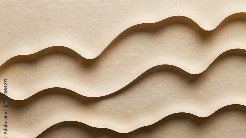 Poster abstract beige waves create a calming, minimalist background with subtle shadows and paper texture.