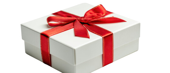 Obraz premium Elegant white gift box with a red ribbon.