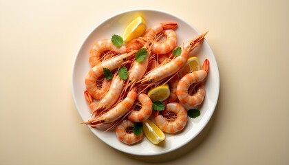 A plate of cooked shrimp with lemon slices and mint leaves on a beige background