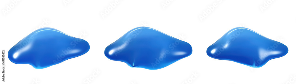 Poster three blue glossy abstract liquid blobs with smooth curved shapes and high reflective surfaces arran