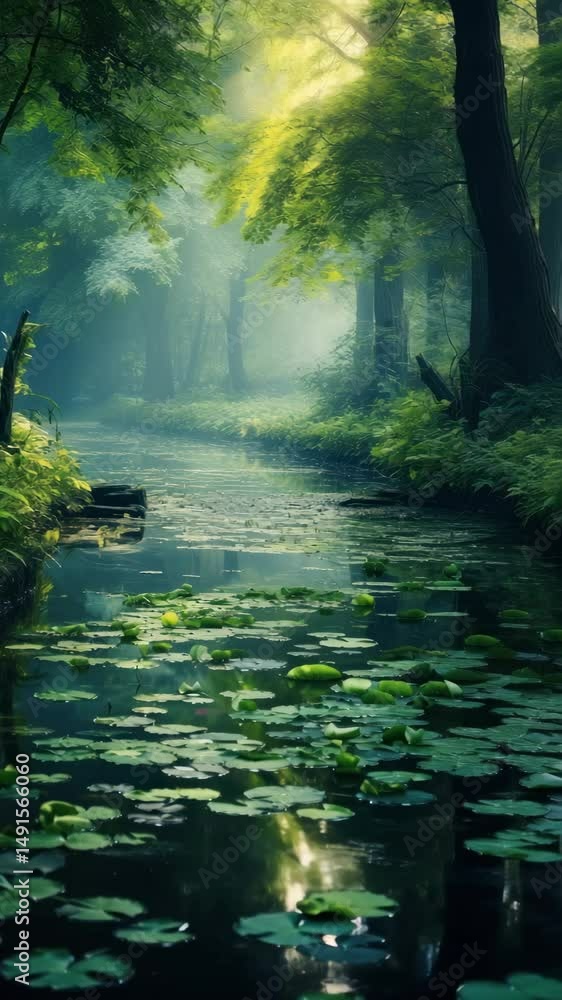 Poster a serene forest stream with lily pads, captured in a vertical angle. sunlight filters through trees,