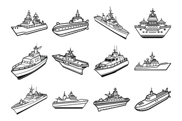  Set of military vessel aircraft carrier, ship line art vector illustration on white background.