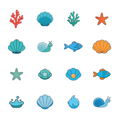  Set of marine 3d icon likes seashell, star, fish, snail, water drops, seaweed vector illustration on white background.