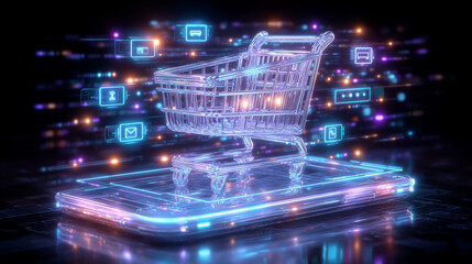 デジタルショッピングカートが浮かぶ未来型オンラインストアの概念