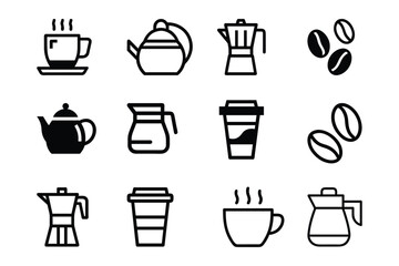 Set of party drink elements coffee cup, coffee beans, teapot, bottle, mug icon vector illustration on white background.