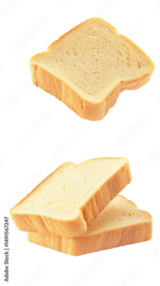 Poster close-up of a single slice of soft white bread with a fluffy texture and golden crust isolated on wh