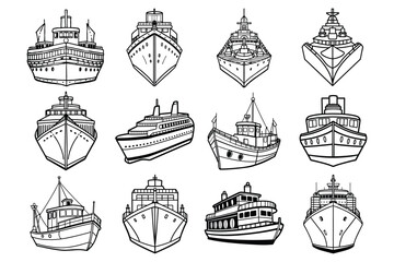  Set of top, front views of cargo ship, ship, fishing boat line art vector illustration on white background