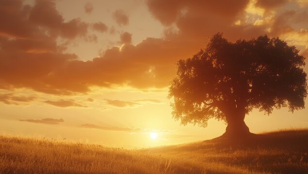 Golden sunset over a field with lone tree