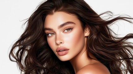 Fototapeta premium Beautiful Woman with Long Brown Hair and Soft Makeup
