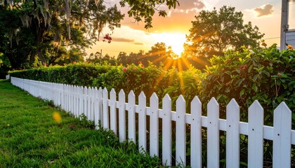 Sunset Serenity: A Picturesque White Picket Fence at Golden Hour