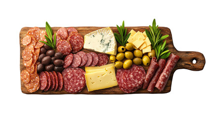 An assorted charcuterie board with cured meats, cheeses, and olives is displayed on a wooden surface.