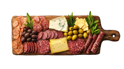 An assorted charcuterie board with cured meats, cheeses, and olives is displayed on a wooden surface.