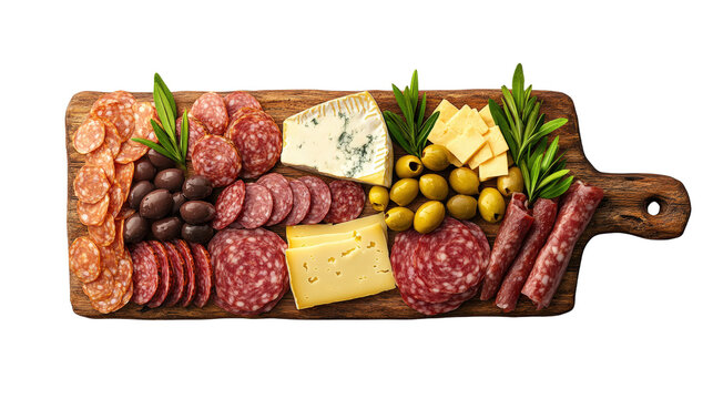 An assorted charcuterie board with cured meats, cheeses, and olives is displayed on a wooden surface.