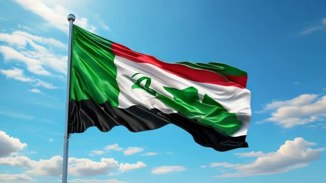 A waving Sudanese flag against a clear blue sky.