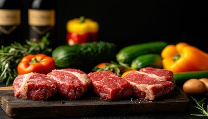Raw beef cuts with fresh vegetables