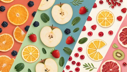 Vibrant Fruit Arrangement A colorful display of sliced oranges, apples, strawberries, raspberries, blackberries, and kiwi, arranged in a striking geometric pattern.