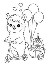 Obraz premium Llama riding a scooter carrying a cake – Cute Kawaii Cartoon Style Coloring Page for Kids – Black and White Vector Line Art – AI-generated