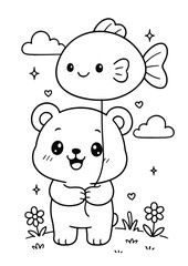 Naklejka premium Bear holding a fish-shaped balloon – Cute Kawaii Cartoon Style Coloring Page for Kids – Black and White Vector Line Art – AI-generated