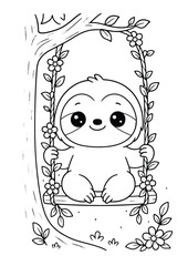 Fototapeta premium Sloth playing on a flower swing – Cute Kawaii Cartoon Style Coloring Page for Kids – Black and White Vector Line Art – AI-generated