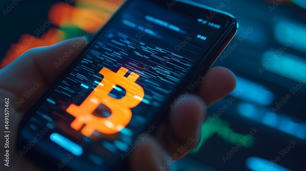 Poster smartphone displaying a cryptocurrency wallet and digital interface.