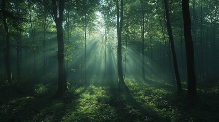 Fototapeta premium Sunlight filtering through lush woodland creating ethereal atmosphere