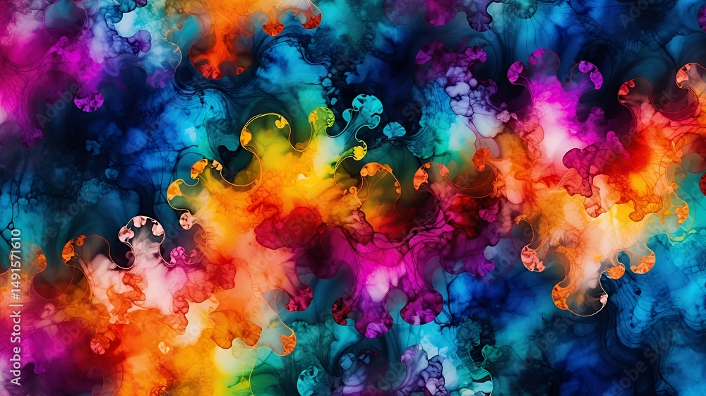 Poster vibrant abstract fluid art features puzzle piece shapes in a dynamic colorful composition.