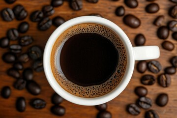 Naklejka premium Espresso in white cup, coffee beans