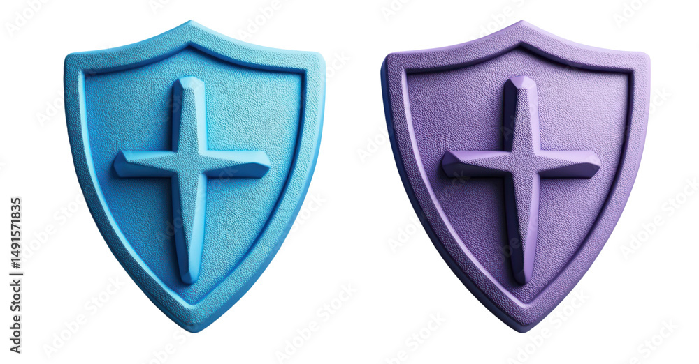 Poster two shields displaying a cross shape stand side by side in a digital render of a protective emblem.