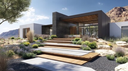 Modern desert home with landscape design, mountains, and sunny day.