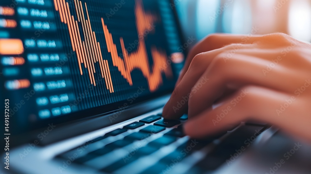 Poster hands using laptop to analyze financial data and charts