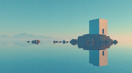 Solitude Cube Minimalist Building on Island with Tranquil Sea View.